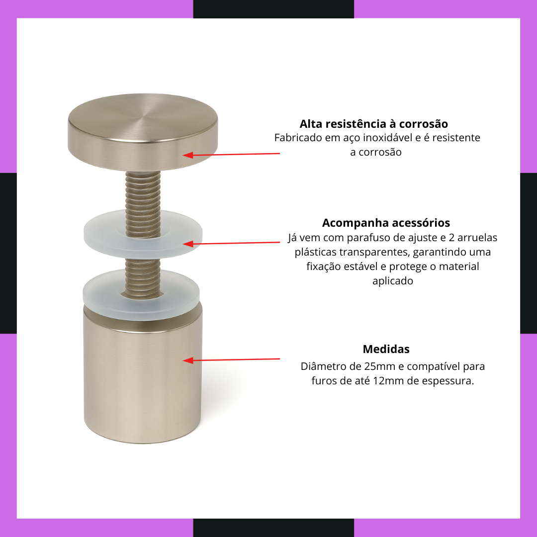 Prolongador Inox Para Vidro 25x25mm Suporte Para Vidro - Imagem 4